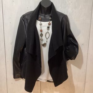 Mo-KA women’s black faux leather jacket w/ knit shawl collar size M